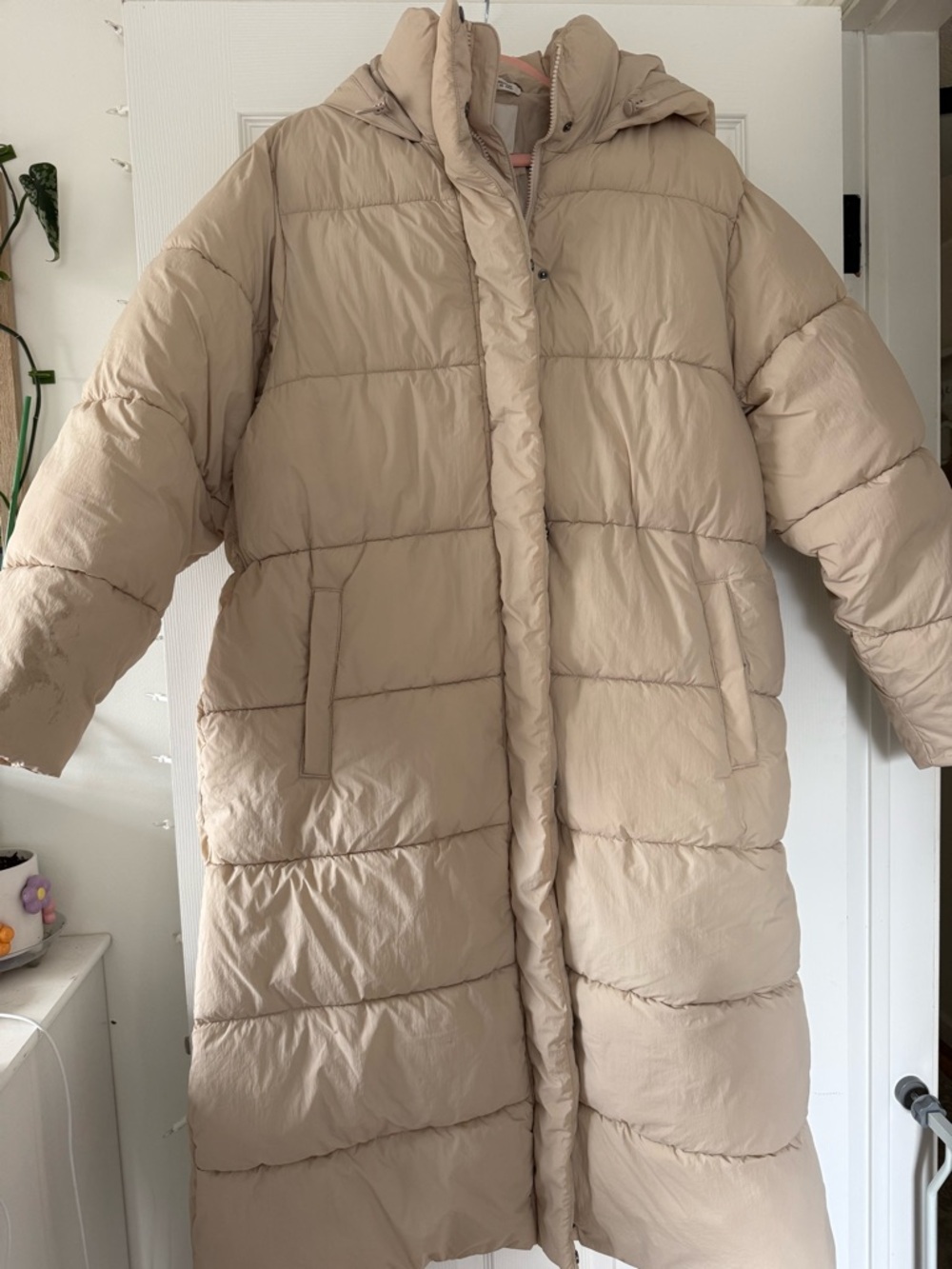 a new day Long Beige Puffer Coat with Hood